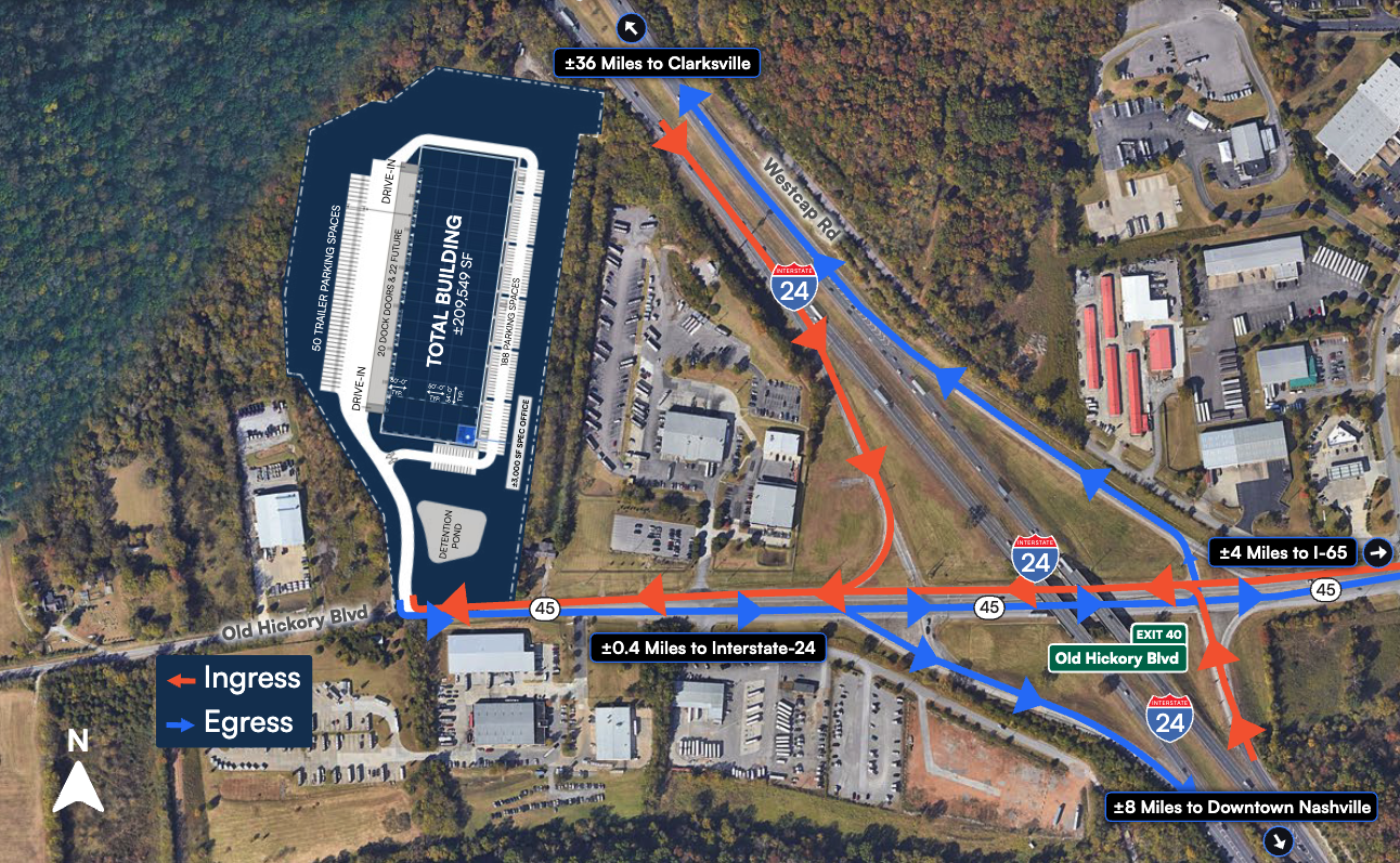 Aerial ingress and egress map showing Interstate 24 access, ±4 miles to I-65, ±8 miles to Downtown Nashville and ±36 miles to Clarksville