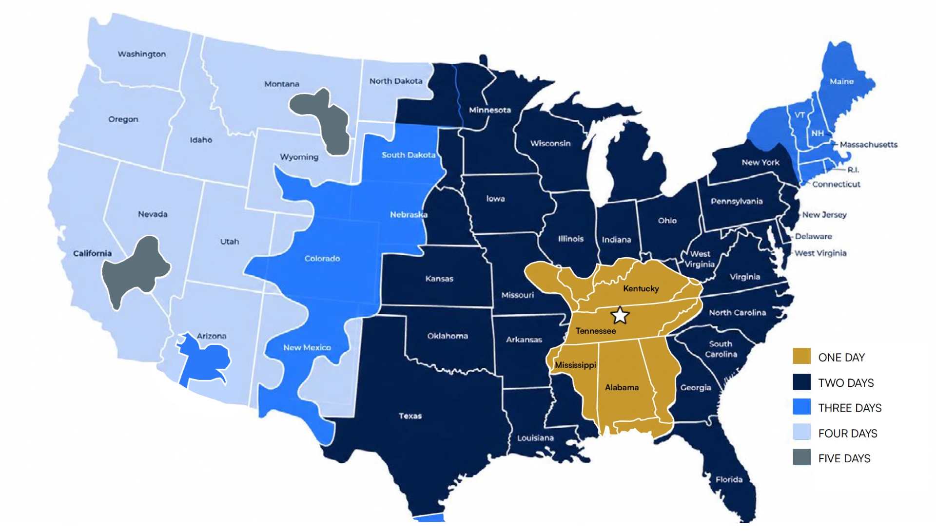 FedEx drive time map of the United States showing one-to-five-day ground coverage from the Nashville hub