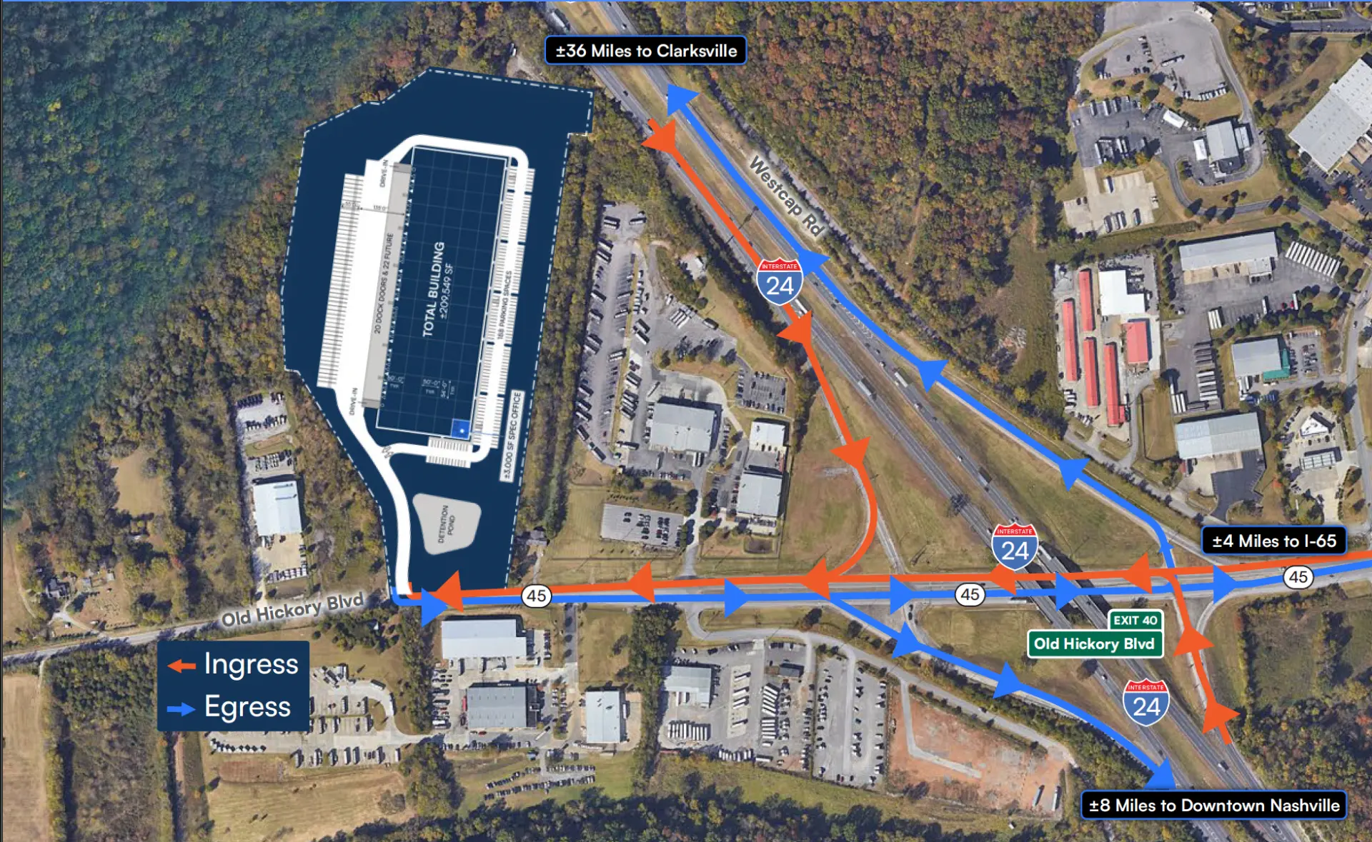 Aerial ingress and egress map showing Interstate 24 access, ±4 miles to I-65, ±8 miles to Downtown Nashville and ±36 miles to Clarksville