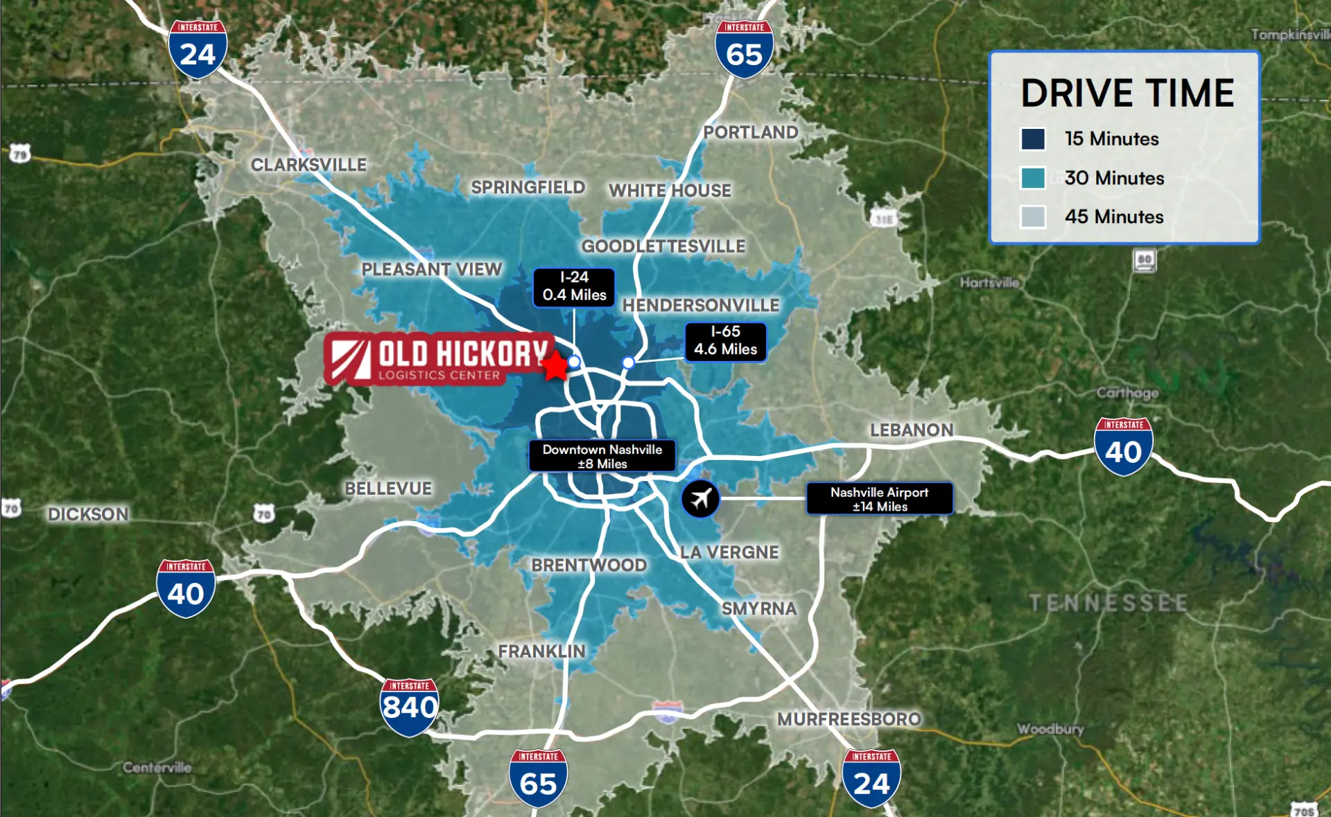 Regional drive time map showing 15, 30 and 45 minute rings from Old Hickory Logistics Center, ±8 miles to Downtown Nashville and ±14 miles to Nashville Airport