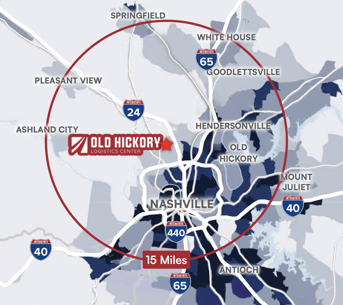 Demographics map: 15-mile radius around Old Hickory Logistics Center covering Nashville, Hendersonville, Goodlettsville and surrounding communities