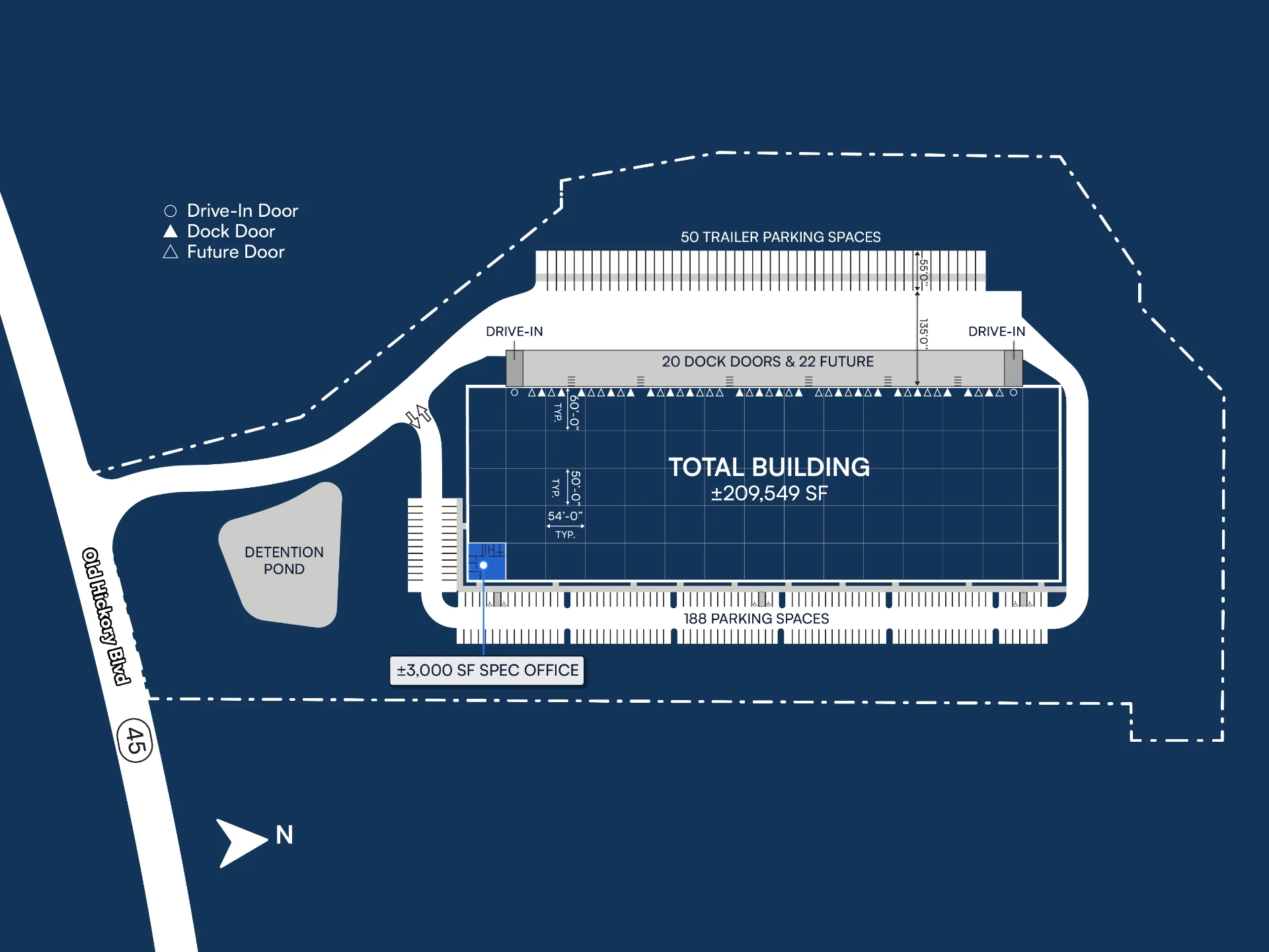 Site plan: ±209,549 SF total building, 20 dock doors and 22 future, 188 parking spaces, 80 trailer parking spaces, ±3,000 SF spec office