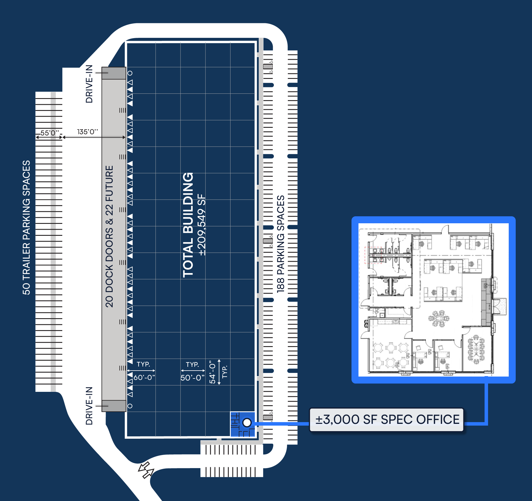 Vertical site plan with ±3,000 SF spec office floor plan callout