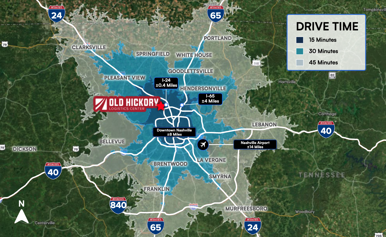 Drive time map showing 15, 30 and 45 minute rings from Old Hickory Logistics Center: I-24 ±0.4 miles, I-65 ±4 miles, Downtown Nashville ±8 miles, Nashville Airport ±14 miles