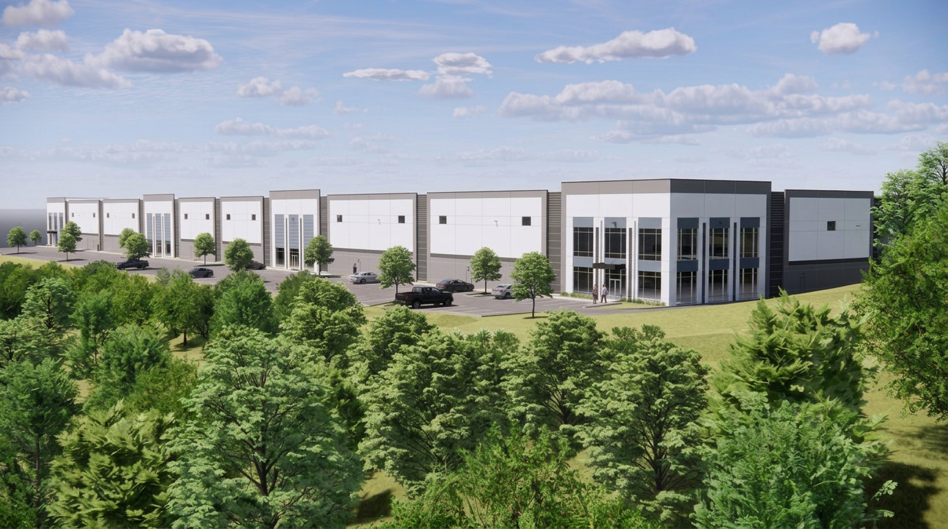 Northeast rendering of the Old Hickory Logistics Center building and parking field